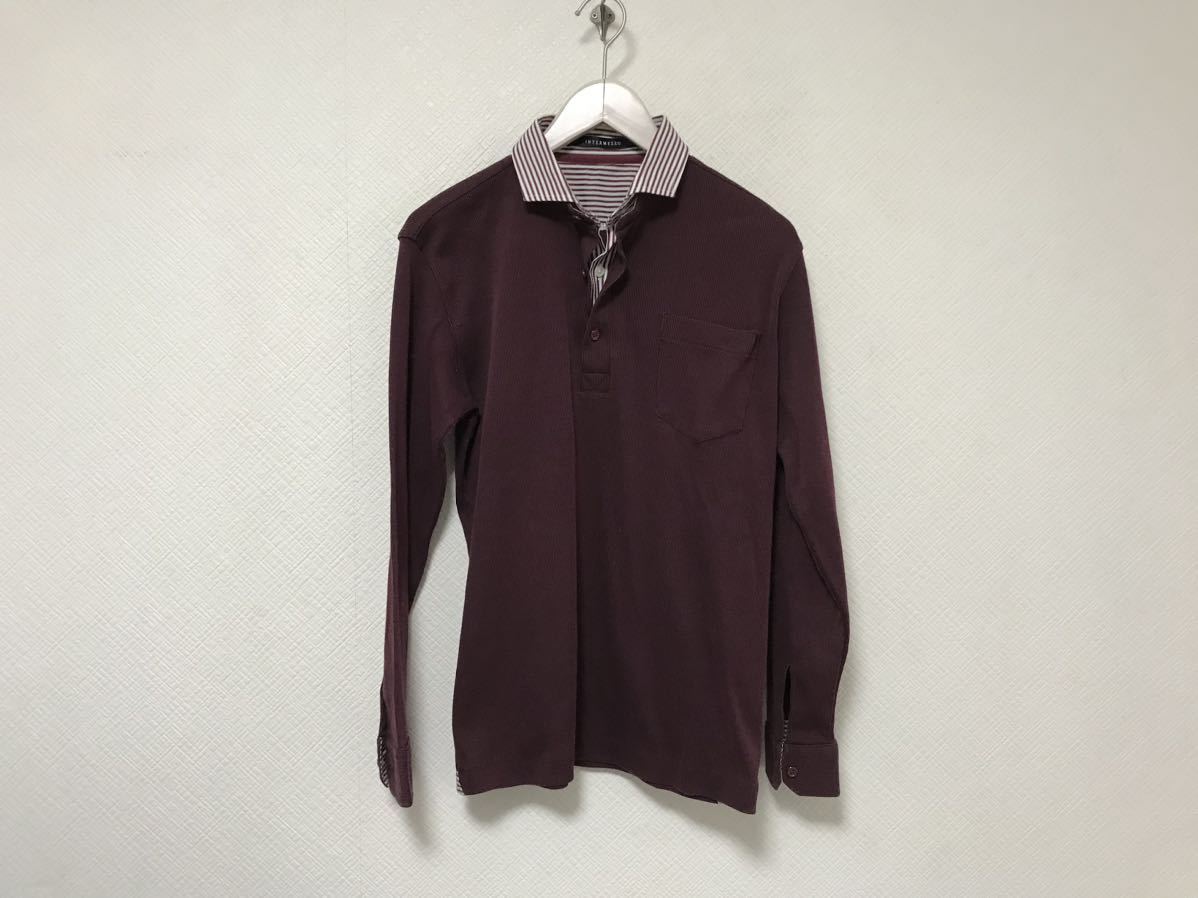 本物インターメッツォINTERMEZZOコットンシャツレイヤード長袖ポロシャツメンズアメカジサーフミリタリービジネスMゴルフ赤ワインレッド拍卖