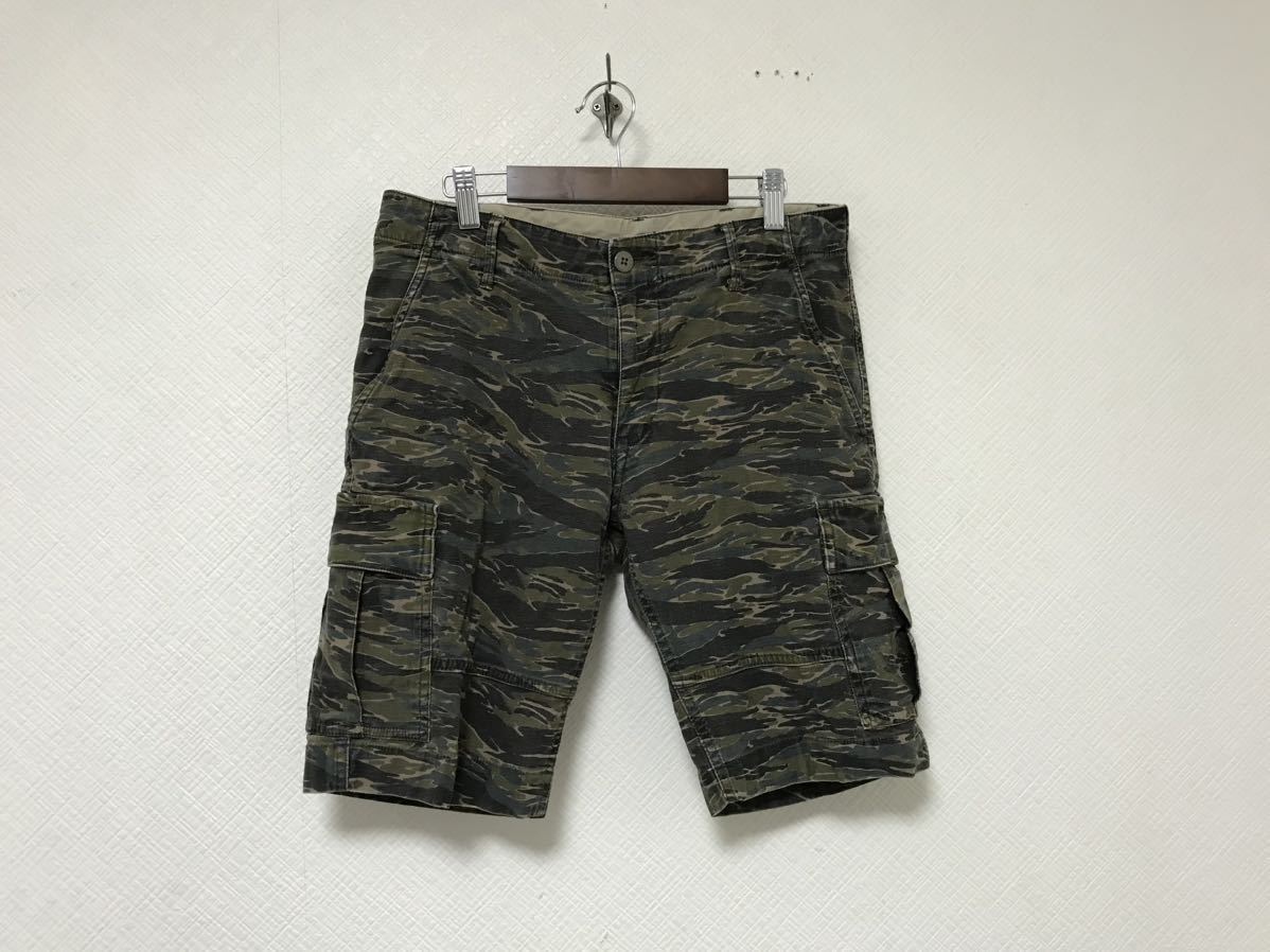 本物ユナイテッドアローズUNITEDARROWSコットンタイガーカモフラ迷彩柄カーゴハーフショートパンツメンズアメカジサーフミリタリーSカーキ拍卖