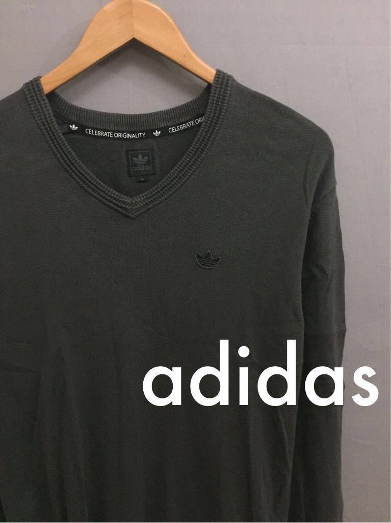 アディダス adidas セーター ニット 長袖 Vネック カーキ グリーン Mサイズ !●&拍卖