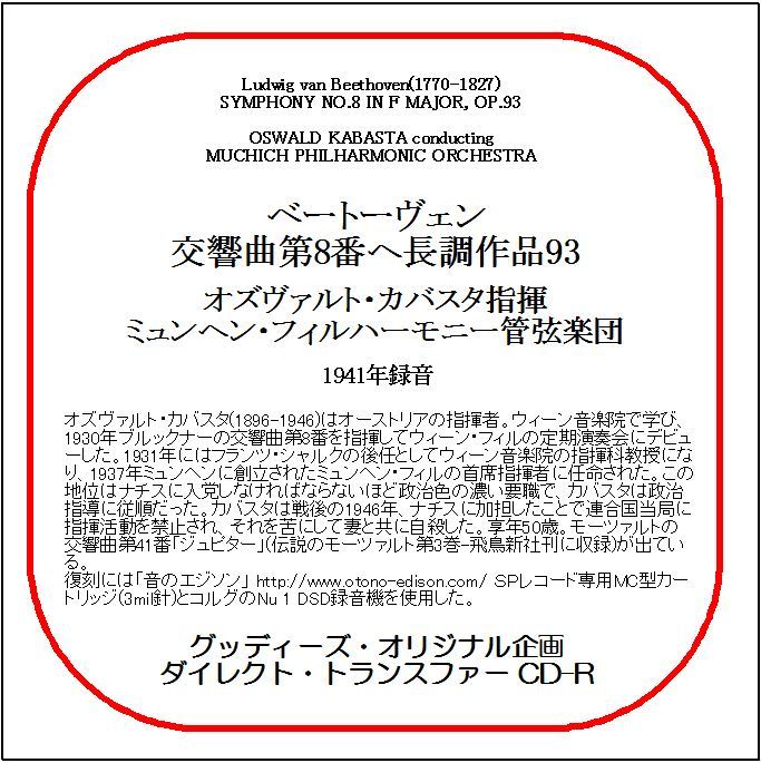 ベートーヴェン:交響曲第8番/オズヴァルト・カバスタ/ダイレクト・トランスファー CD-R拍卖
