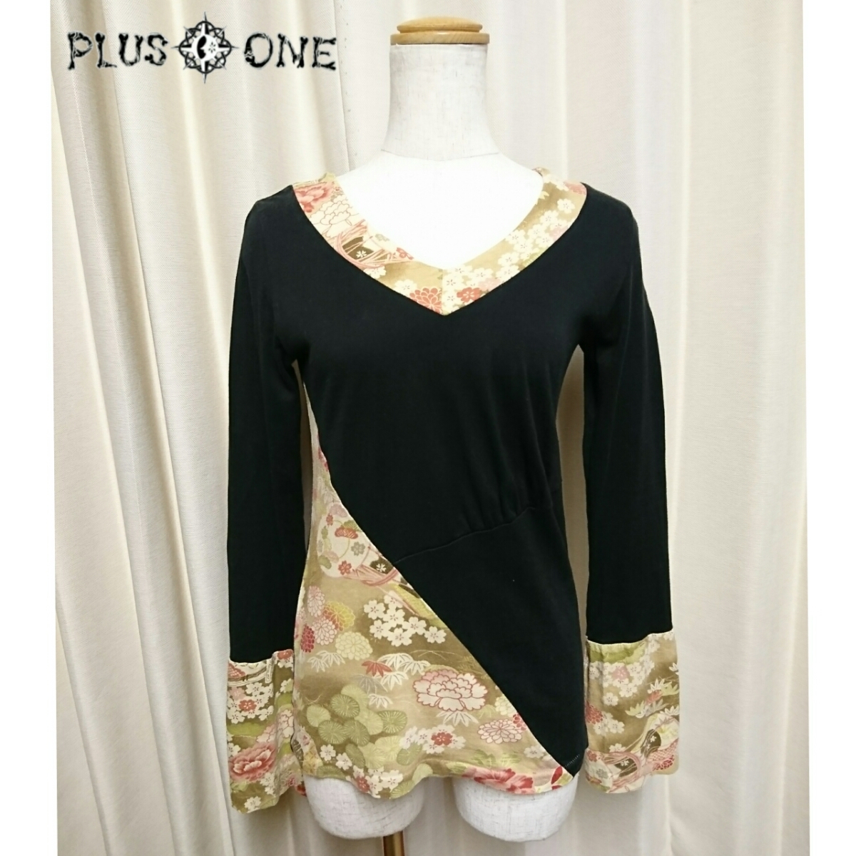 【PEACE NOW】和柄 切替え Vネック カットソー ブラック M/ピースナウ ロンT 変形 桜 牡丹拍卖