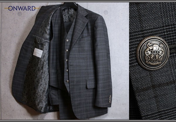 新品 オンワード樫山 STYLE & MORE 秋冬 イタリア MARLANE EXTENDER生地 メタルボタン 日本製 スリーピース スーツ A5/M程/灰/25万拍卖