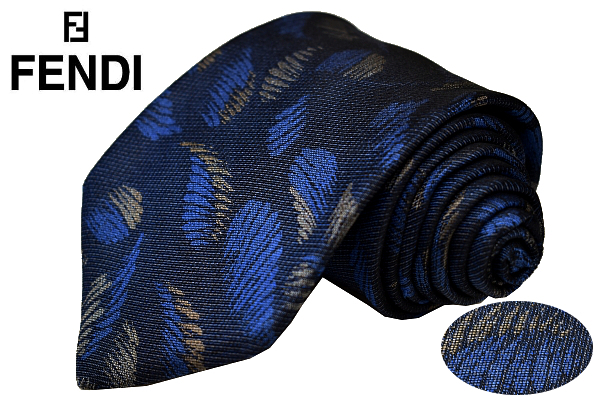 N-2738★送料無料★美品★OLD FENDI ROMA フェンディ ローマ★ヴィンテージ ネイビー紺系 葉っぱ リーフ柄 織り生地 シルクネクタイ拍卖