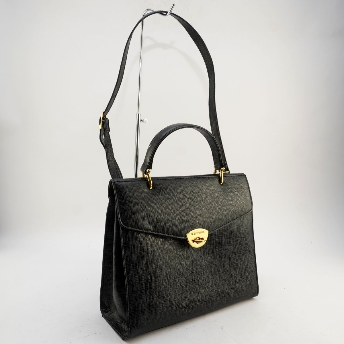 Rudolph Valentino ルドルフヴァレンチノ ハンドバッグ ショルダーバッグ ゴールド金具 レザー 黒 ブラック@WC30拍卖