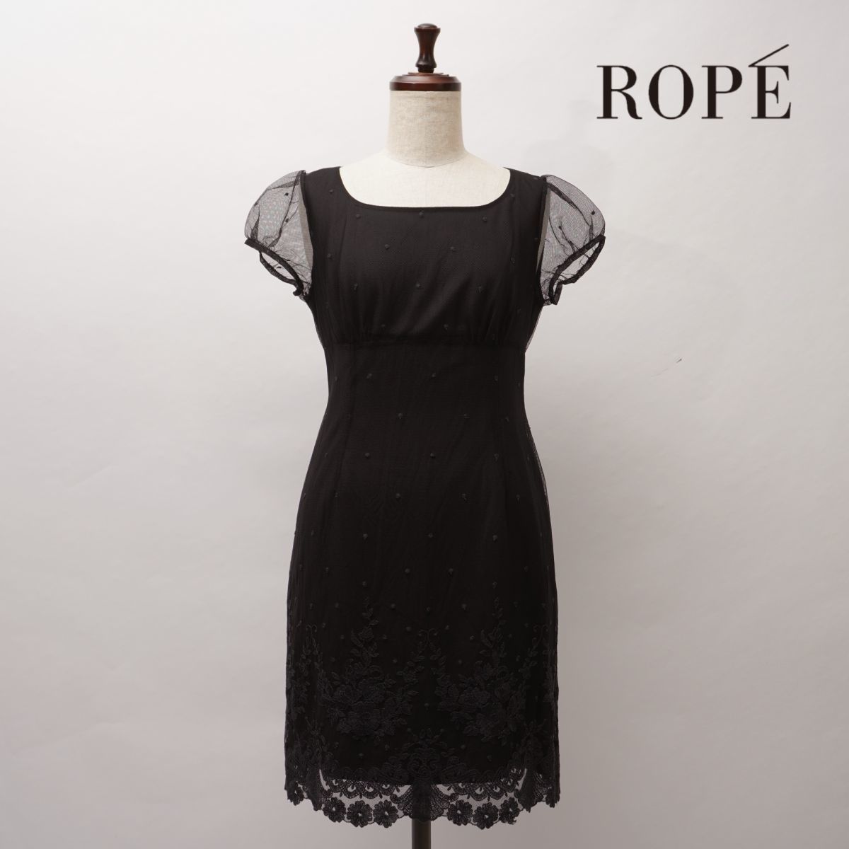 美品 ROPE ロペ 裾花柄刺繍 ドット柄 膝丈チュールワンピース 裏地あり レディース 黒 ブラック サイズ9AT*HC381拍卖