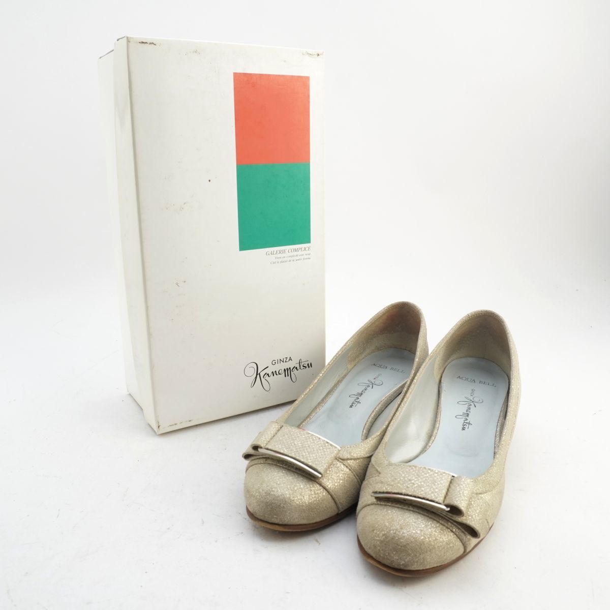 銀座かねまつ GINZA Kanematsu 23.0 パンプス ヒール ラウンドトゥ シルバー金具 ラメ グレー 箱付き/HC124拍卖