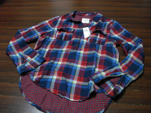 アバクロンビー&フィッチ長袖チェック柄シャツ/レディース/ネイビー/タグ付き/ハーフボタン/M拍卖