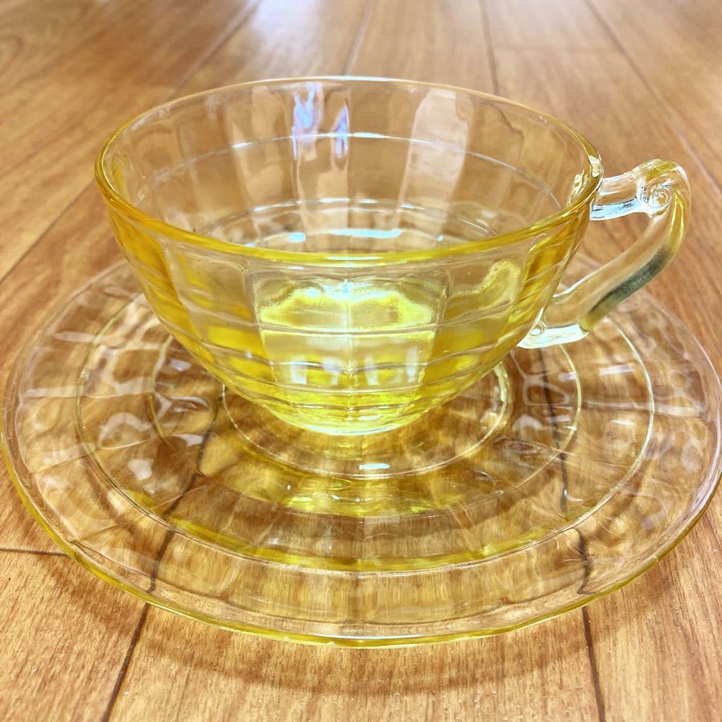 1929年~ アンカーホッキング ブロック イエロー カップ&ソーサー アンティーク レトロ ヴィンテージ ファイヤーキング好き様拍卖