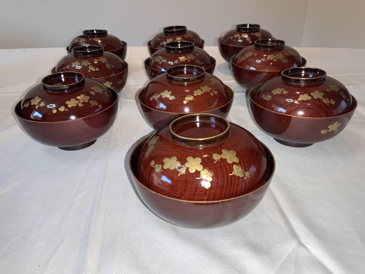 ◇ 蔵出し:年代物・珍品 金塗り:本漆塗り お椀10客セット ◇ 綺麗な塗り絵・ 味わいのあるお椀セット拍卖