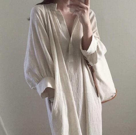 「同梱1万円送料無料」「XLサイズ」綿麻カジュアル大人気Vネックスリットポケット付きゆったり体型カバーレディースロングワンピース拍卖