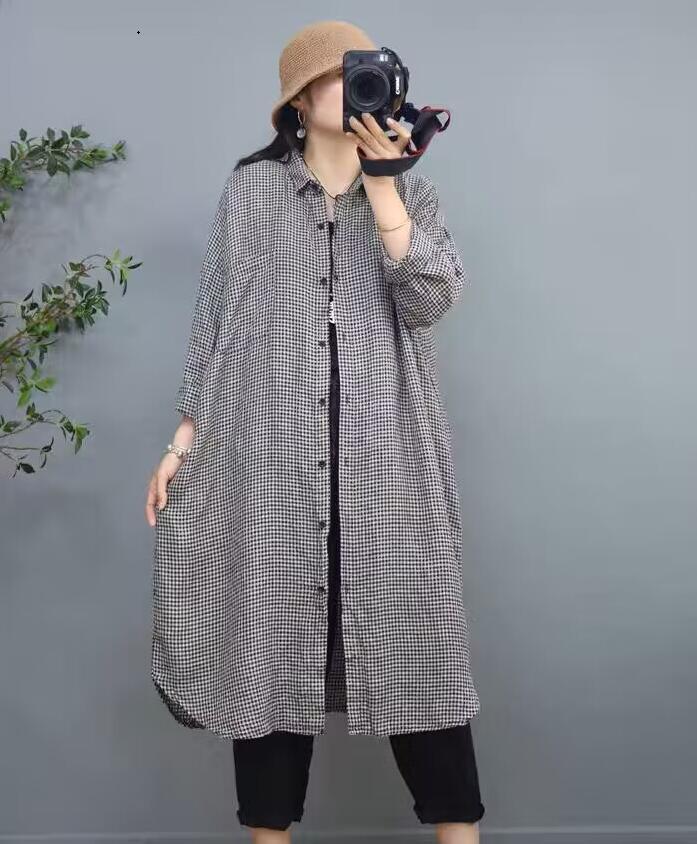 「同梱1万円送料無料」秋*レディース*カジュアル*ゆったり大きいサイズ*綿麻*チェック柄*カーディガン*ミモレ丈コート*M~XXL*細チェック柄拍卖