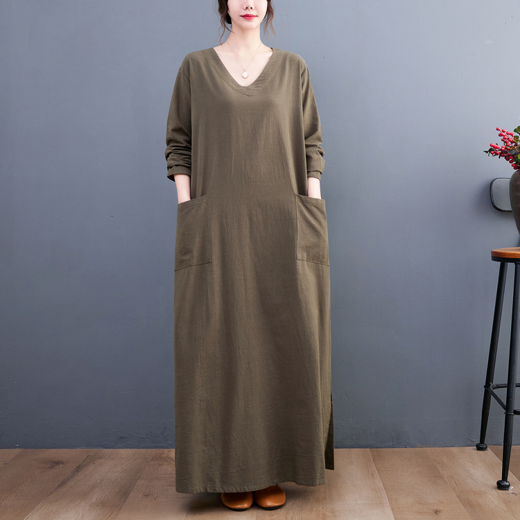 「同梱1万円送料無料」秋*新作*カジュアル*オシャレ*ゆったり大きいサイズ*体型カバー*Vネック*復古*無地*長袖ロングワンピース*F拍卖