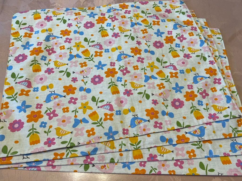 裏付ランチョンマット ハンドメイド 35x45 4枚組 鳥&花柄 オレンジ拍卖