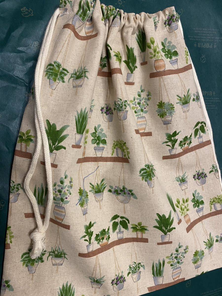 大20 巾着袋 小物入れ 体操服入れ ハンドメイド  観葉植物柄拍卖