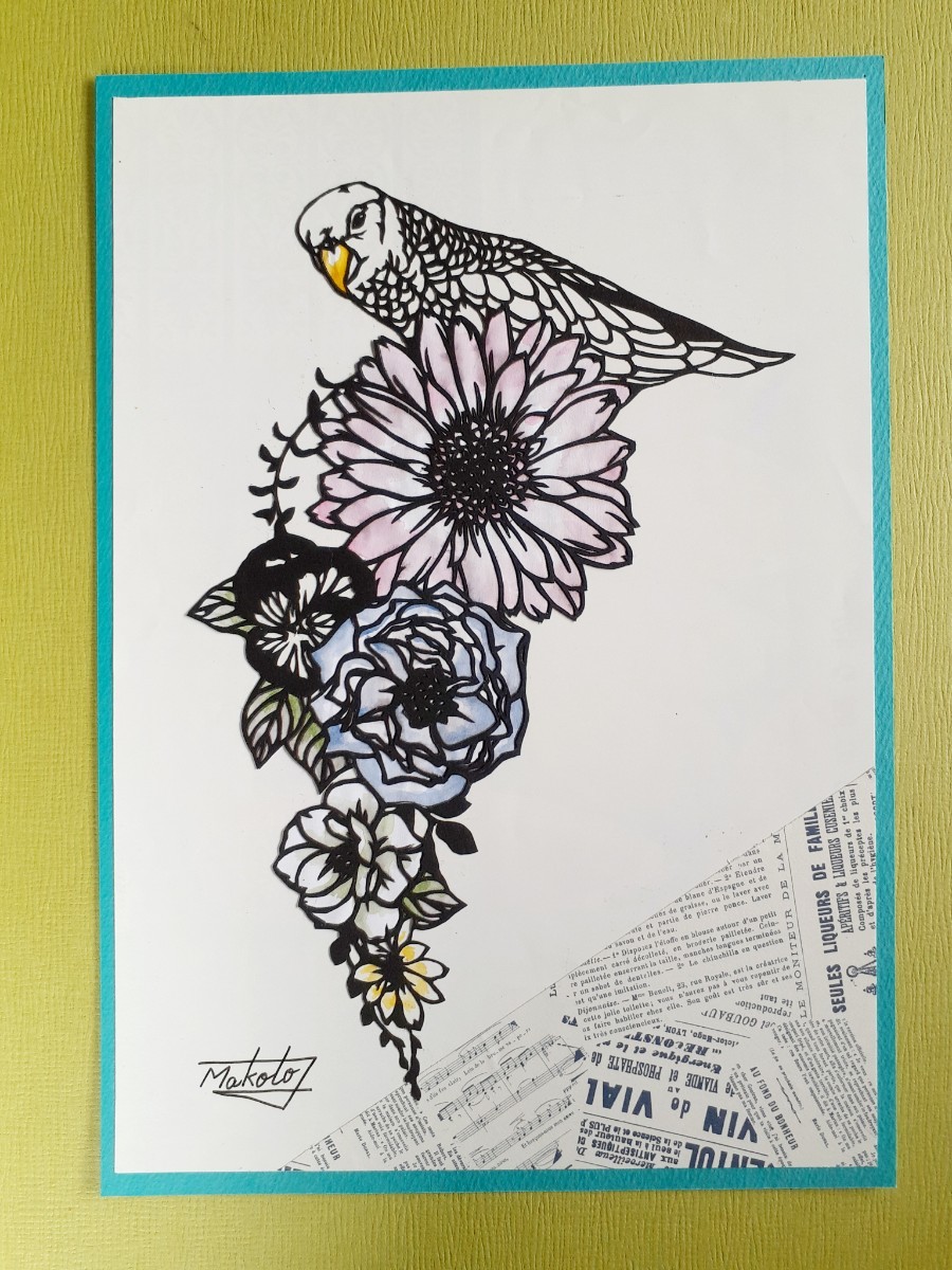 切り絵アート インコと花拍卖