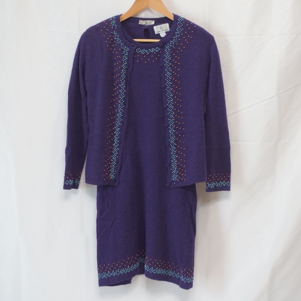 組曲◆KUMIKYOKU ウール混 ビーズ付 アンサンブル ワンピース(ワンピース+カーディガン)パープル・サイズ2◆USED拍卖