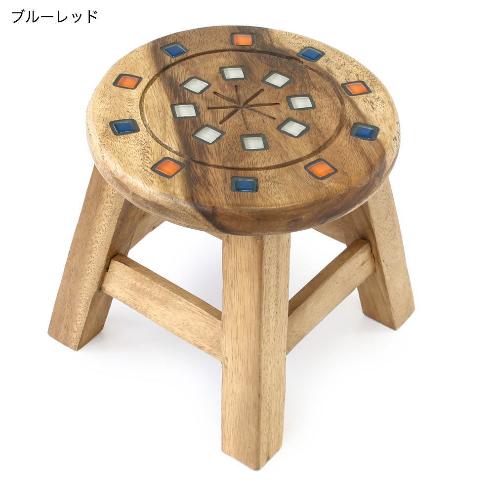 手作り 木製ウッドスツール ロータイプ クリスタルブルーレッド 0043拍卖