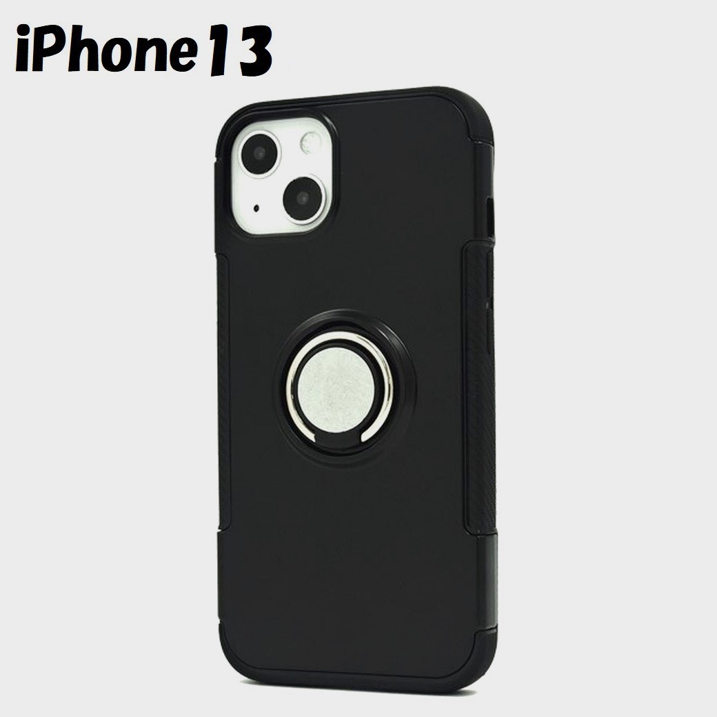 iPhone 13:リング ホルダー付き 背面メタリック ハード ケース★ブラック 黒拍卖