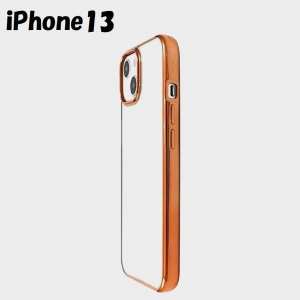 iPhone 13:メタリック カラー バンパー 背面クリア ソフト ケース★ピンク 桃拍卖