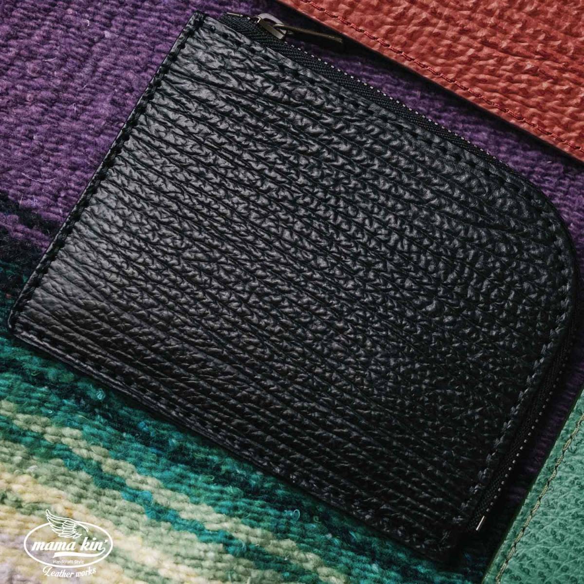 シャークスキン サメ革 栃木レザー エルファスナー Lファスナー さいふ 財布 コンパクト ヌメ革 レザーウォレット ba009sh03blk拍卖