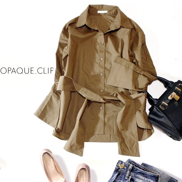 ☆☆ 美品 OPAQUE.CLIP オぺークドットクリップ ☆☆ ゆったり綺麗め ボウタイ バックテール ブラウス 38号 M 春 秋 合服 23B09拍卖