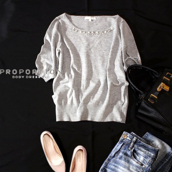 美品 PROPOTION BODY DRESSING プロポーションボディドレッシング ビーズ・ラインストーン ニット プルオーバー 3号 L 春 秋 合服 23C09拍卖