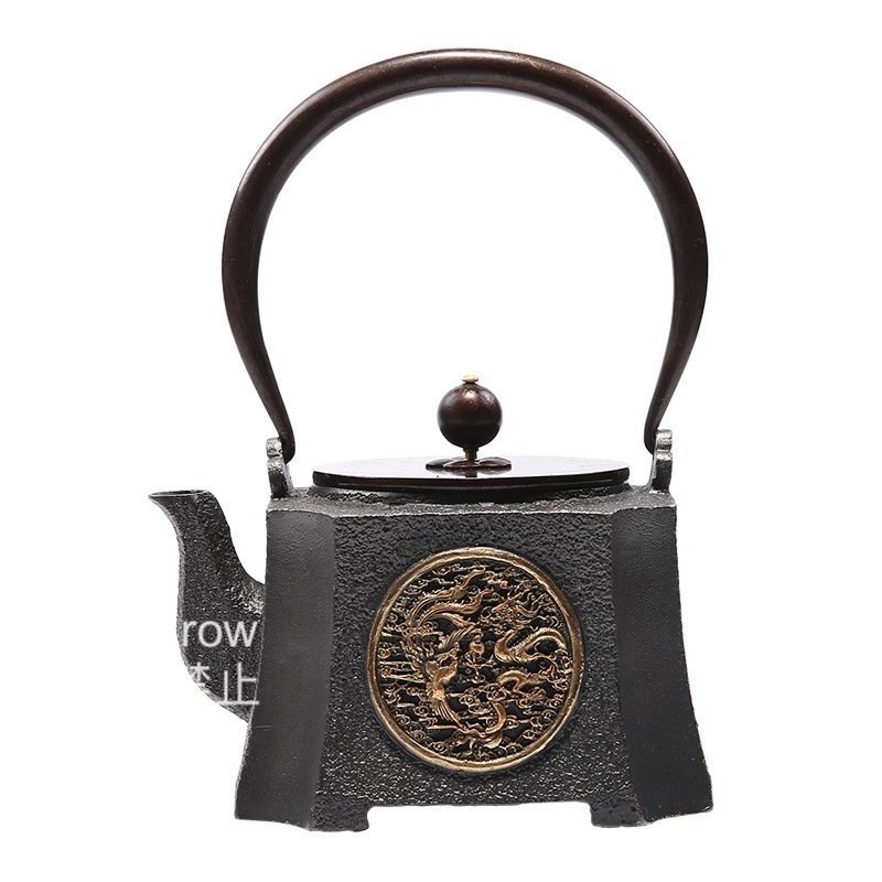 大人気手作り 1200ml 鉄びん 鋳鉄製の壷 竜と鳳凰 四角い お湯を沸かす お茶の道具 コーティングなし ティーポット やかん拍卖