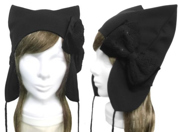 ハンドメイド◆リボン飾り/耳あて付 猫耳帽子◆コットンニット/ブラック 拍卖