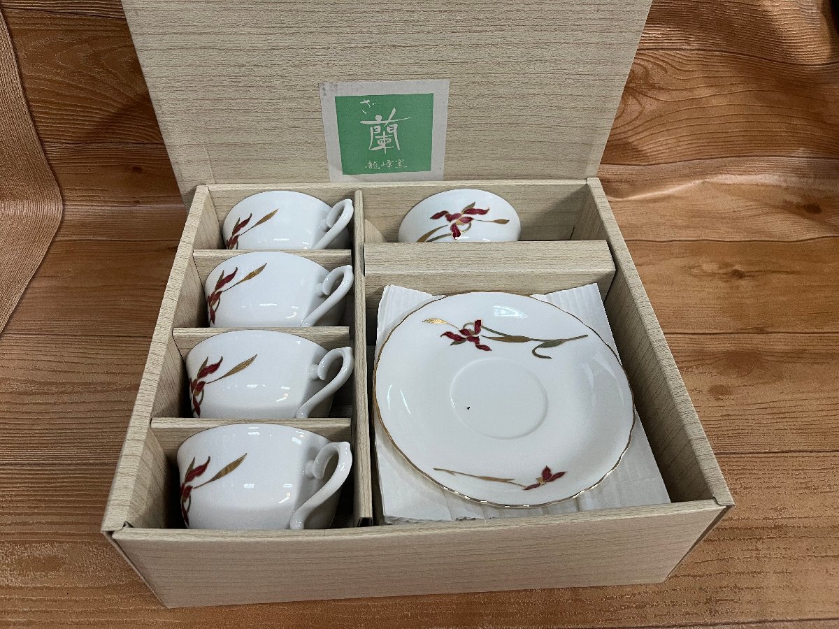 ★陶器製 龍峯窯 蘭 カップ&ソーサー 5客セット 未使用品★拍卖