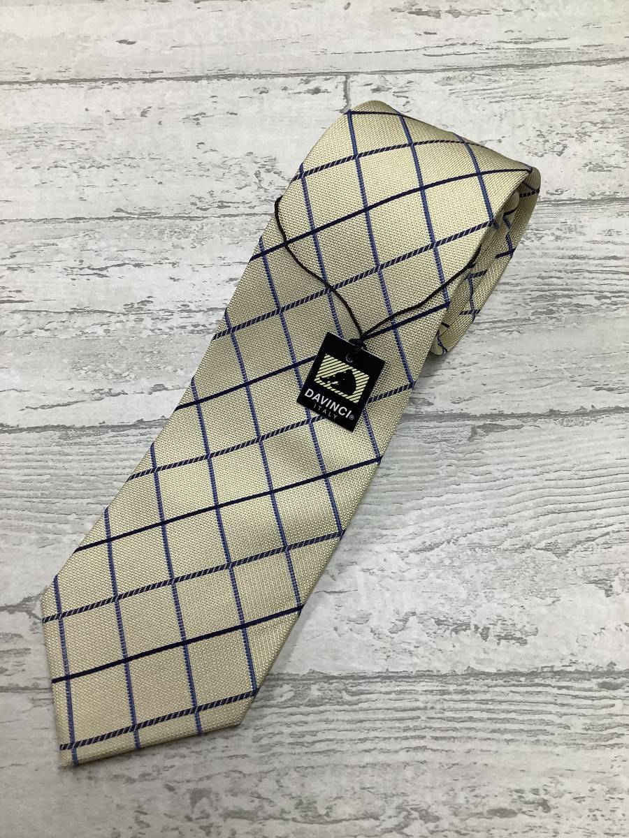 新品未使用 DAVINCI ダヴィンチ かわいい黄色のチェック イエロー ネイビーコラボ シルク100%ネクタイ お洒落柄 お買い得サービス拍卖