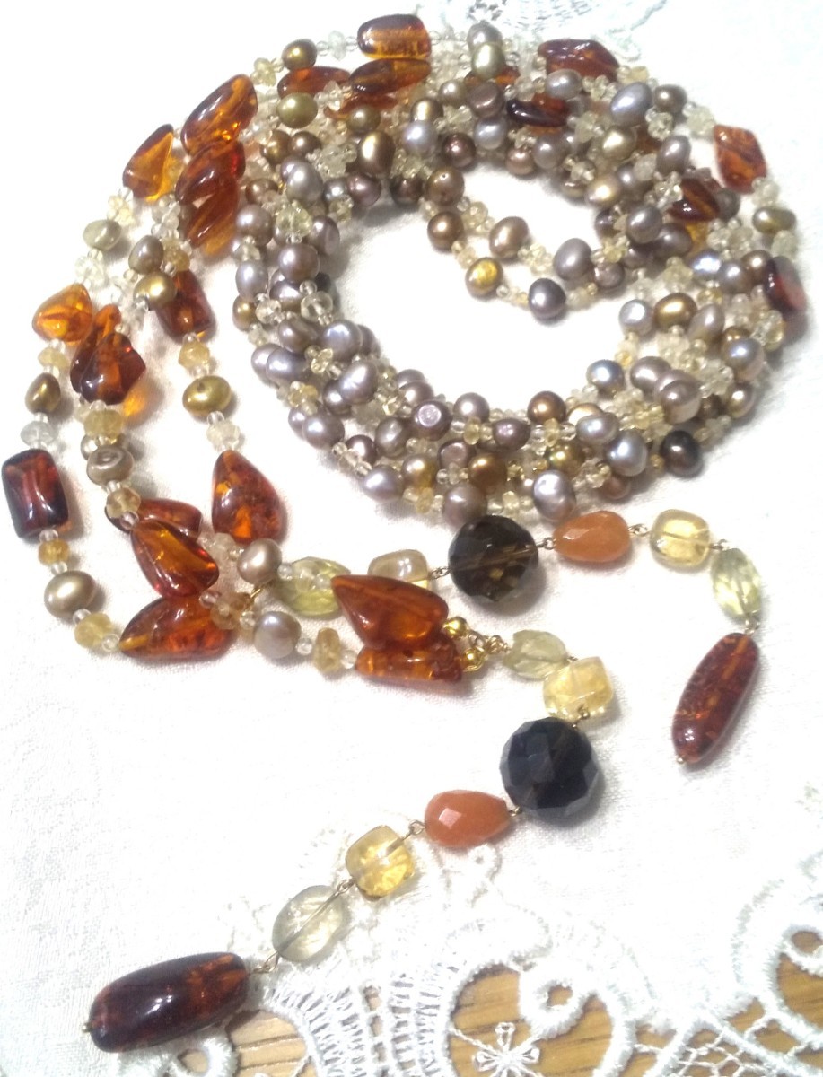 天然琥珀、ブラウンパール、水晶系のロング ラリエット★ネックレス拍卖