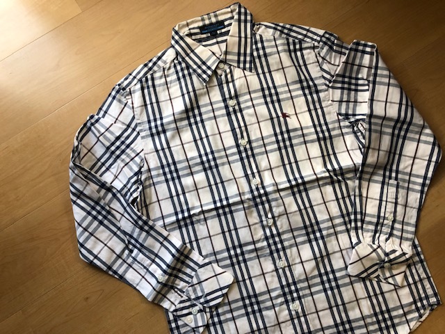 レア 良品 BURBERRY BLUE LABEL バーバリーブルーレーベル 長袖 シャツ チェック 白 ホワイト アイボリー系 綿100% サイズ M メンズ拍卖