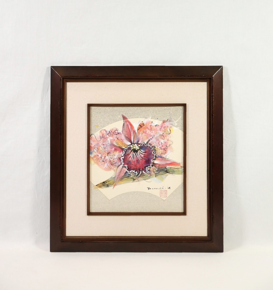 真作 日比野文英 ガッシュ「洋らん カトレア」画 24×27cm 愛知県出身 二紀会同人 深く暖かみのある色使い、瑞々しい華やかな日之出蘭 7888拍卖