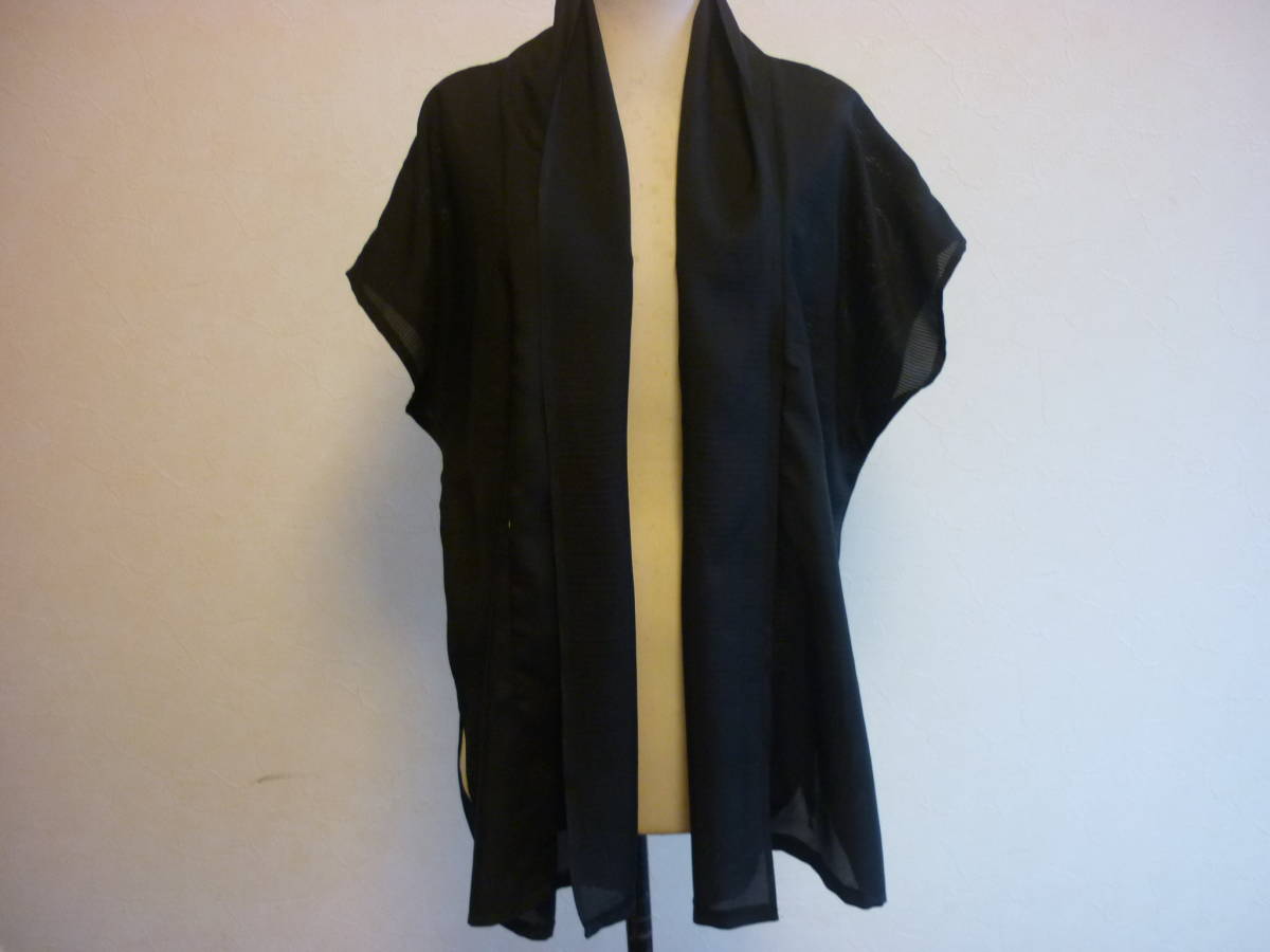 即決,大きいサイズLL,2L,3L,4L,ストール襟,透け感の黒絽,ロングスリット,着物リメイク,チュニック,ベスト法事,喪服,弔ハンドメイド,夏着物q拍卖