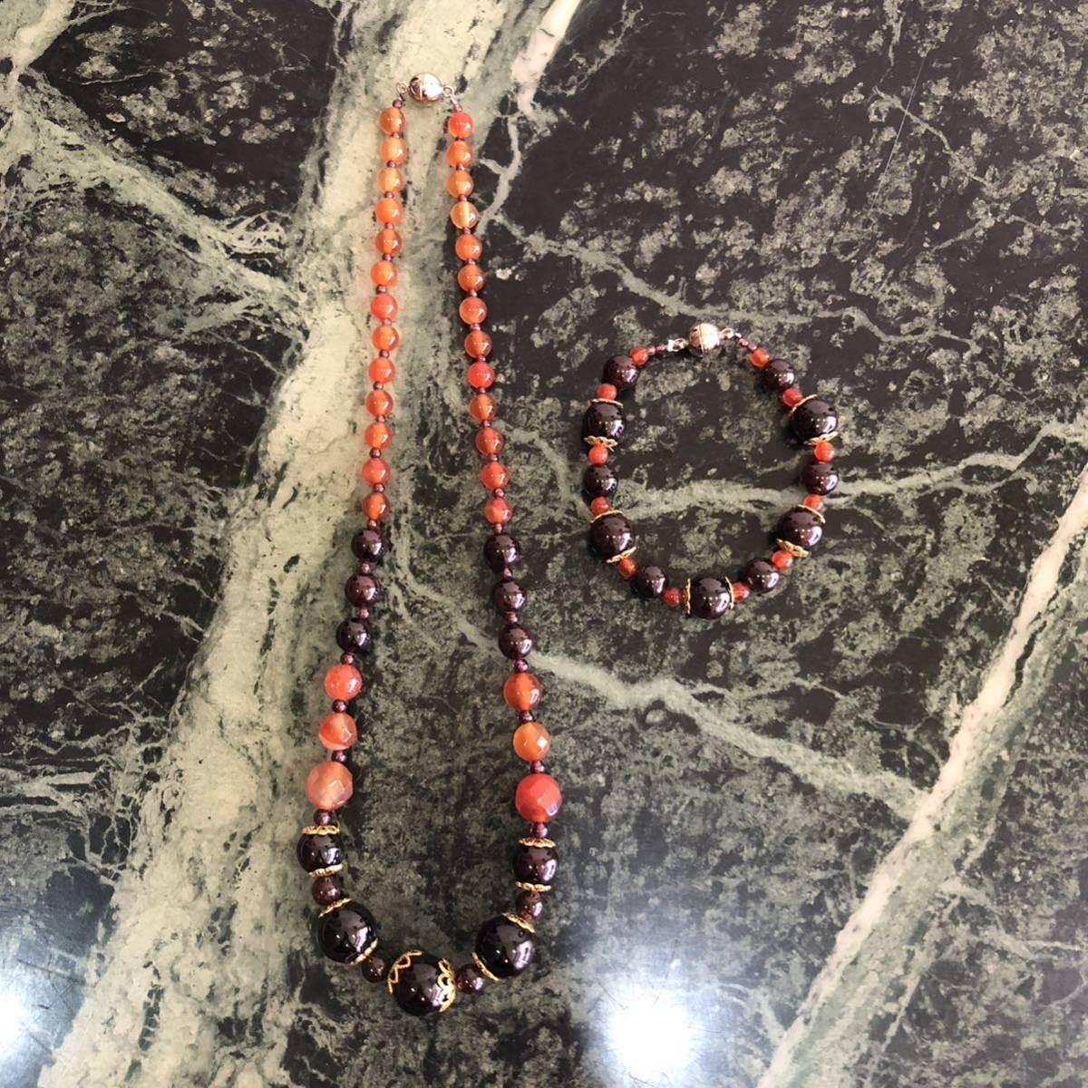 【新品】天然石ネックレス&ブレスレットセット★ガーネット メノウ 瑪瑙 アゲート オレンジ マグネット式 パワーストーン エレガント拍卖