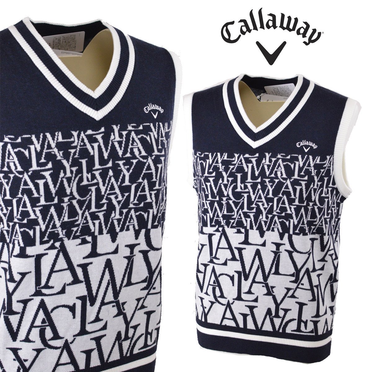 3割引★キャロウェイ★レディース ニットベスト L 11号 紺 C23219200-1120 Callaway ゴルフ おしゃれ Vネック @拍卖