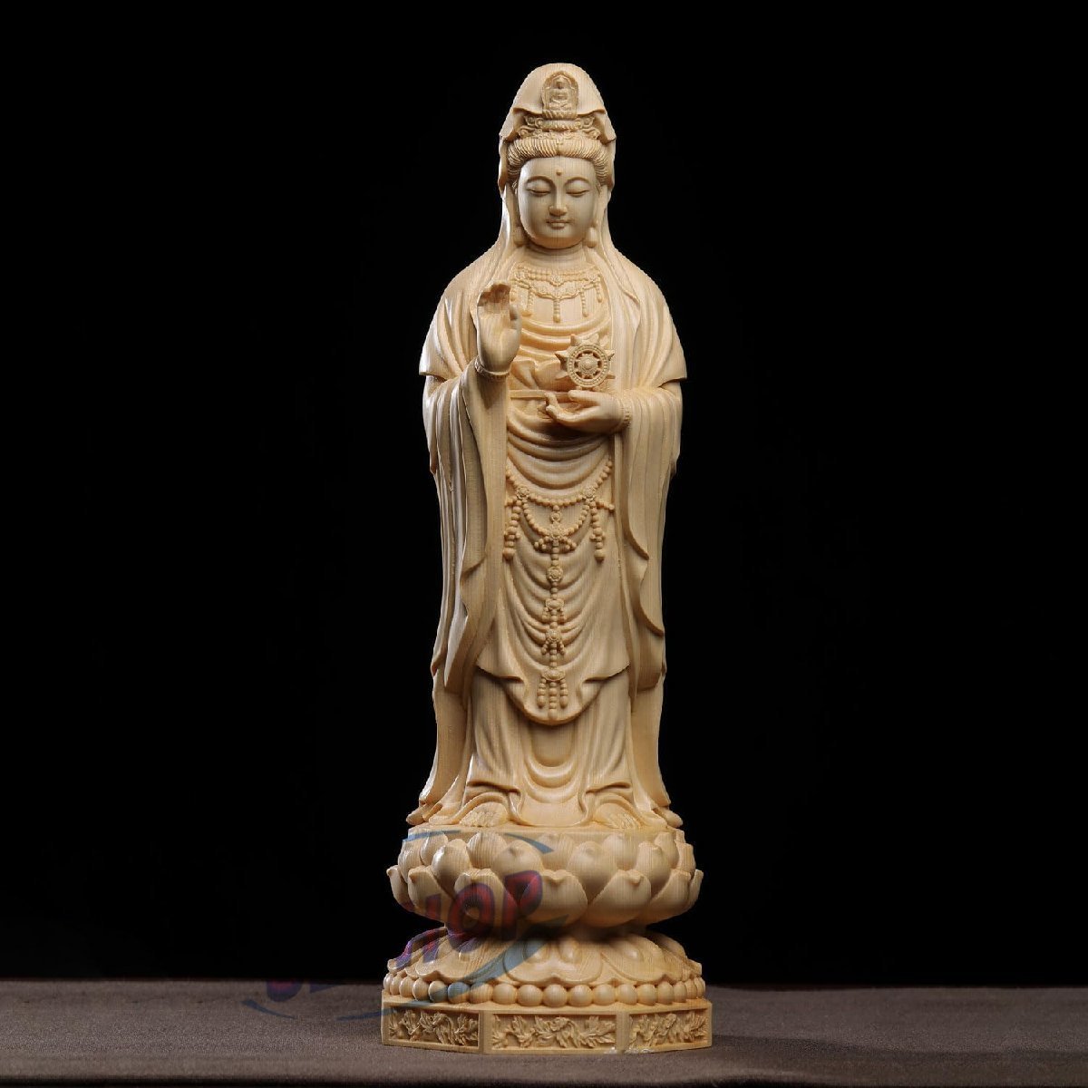 「81SHOP」 仏像 木彫り観世音菩薩仏像 観音菩薩立像(高さ30cm×巾9cm)桧木製高級木彫り 風水 厄除け拍卖