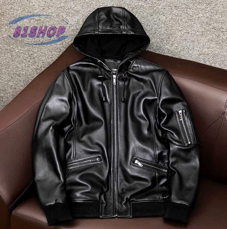 「81SHOP」ライダースジャケット 革ジャン・レザージャケット 羊革 メンズジャケット フード付き拍卖