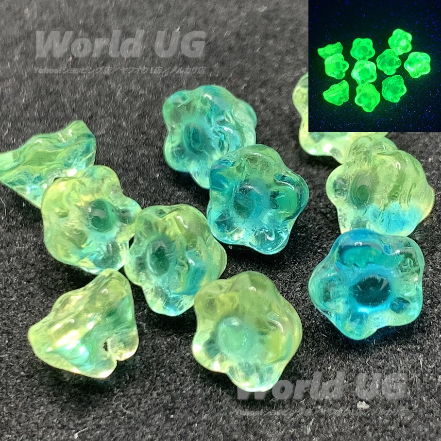 再入荷 ウランガラス フラワーボタンビーズ 黄色/緑色2トーン 7mm×6mm 10粒拍卖