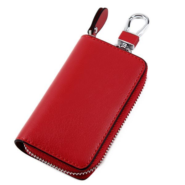 Foppery スマートキーケース スマートキー 専用 本革 レザー キーケース 大型キー対応 カード収納 可能 カラビナ付き (レッド)拍卖