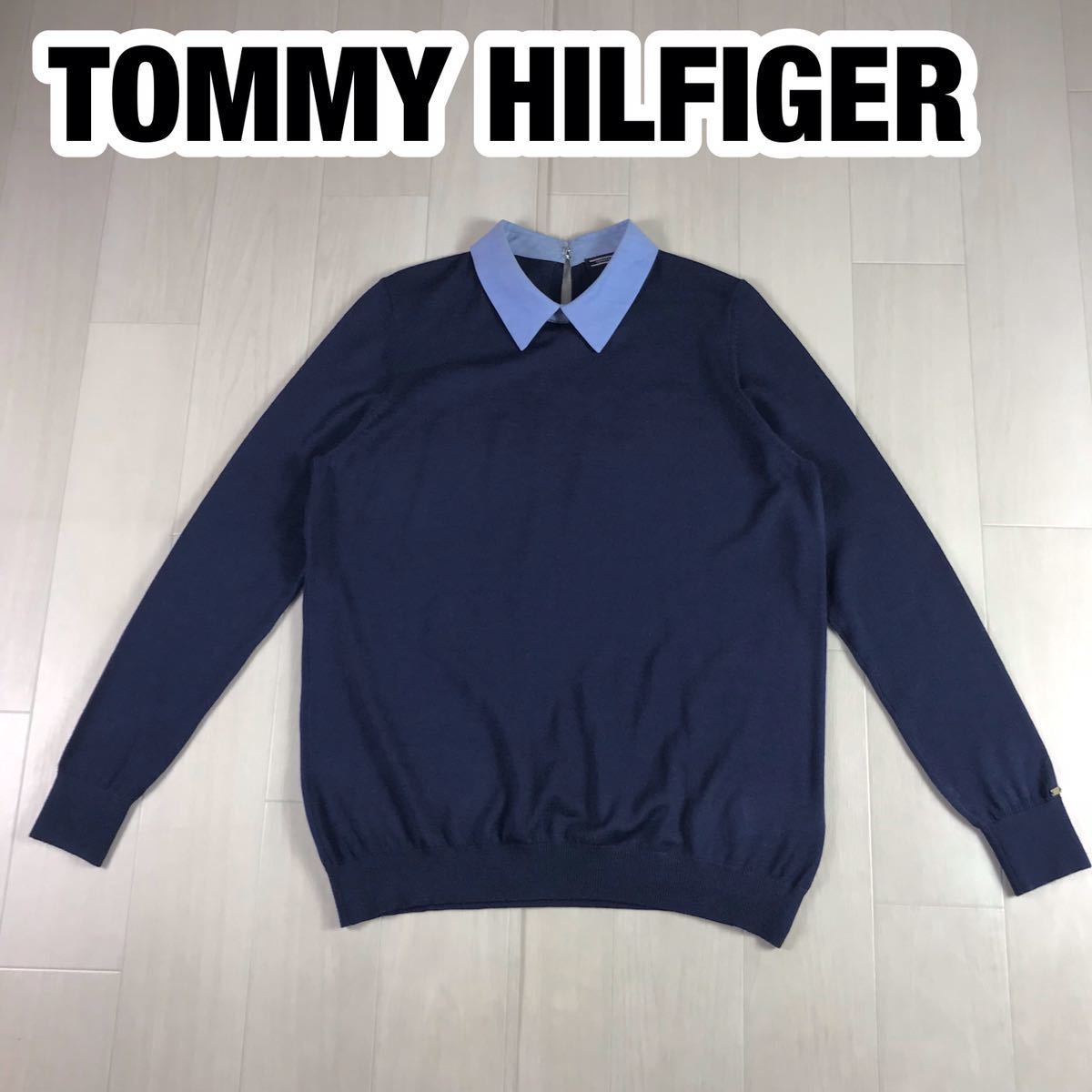 TOMMY HILFIGER トミー ヒルフィガー 長袖 ニット L ネイビー×ライトブルー 襟切り返し プレートパッチ拍卖