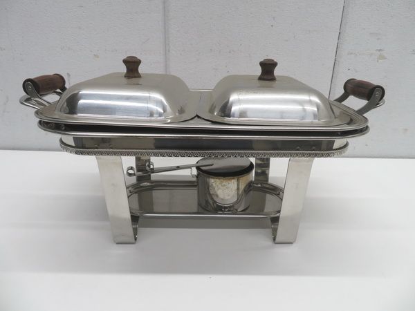 F1602◆ステンレス製◆木柄角チェーフィングディッシュ(ダブル) 415×275×250 栃木 宇都宮 中古 業務用 厨房機器拍卖