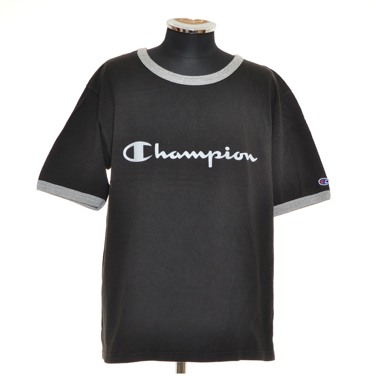 ●475637 Champion チャンピオン ●リンガーTシャツ 半袖 90s USA製 青刺繍タグ ヴィンテージ サイズM メンズ ブラック拍卖