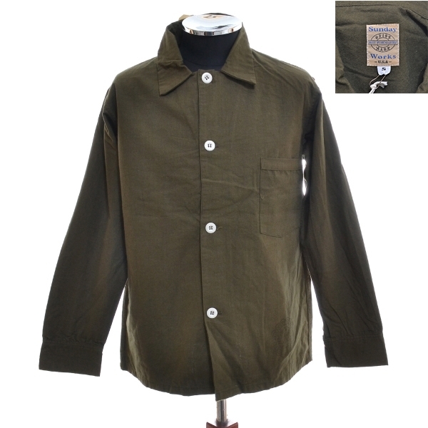 ●214259 未使用品 SUNDAY WORKS サンデーワークス ●シャツジャケット USA製 サイズS メンズ オリーブ 無地拍卖
