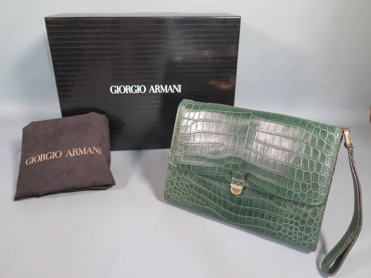 未使用 GIORGIO ARMANI ジョルジオ アルマーニ 最高級クロコダイル レザー セカンドバッグ マットグリーン★クラッチバッグ ハンドバッグ拍卖