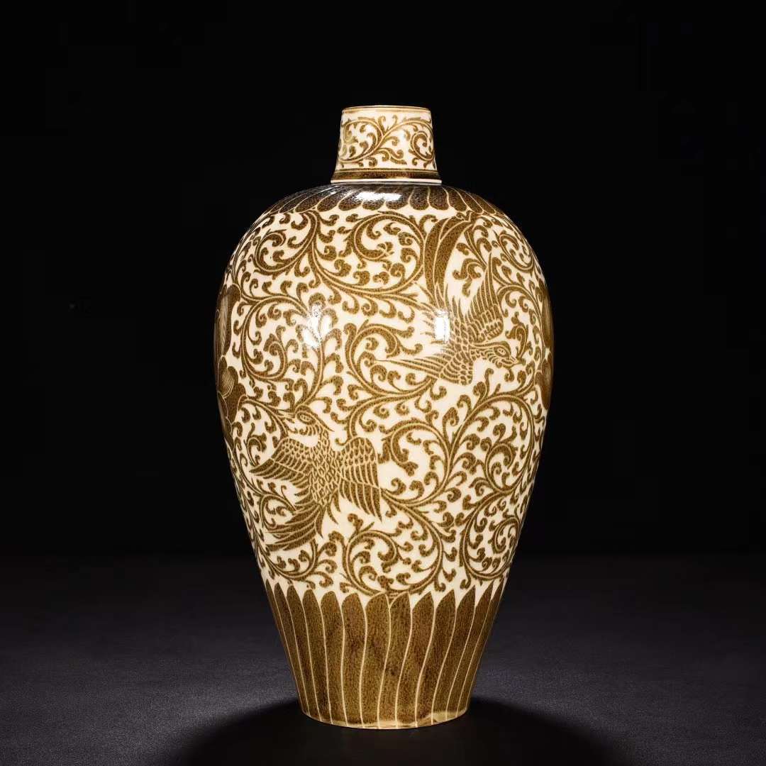 宋時代 定窯 褐彩 花卉鳳紋梅瓶 唐物 中国美術 工芸品 高さ38.5cm 直径21cm 【HB754】拍卖