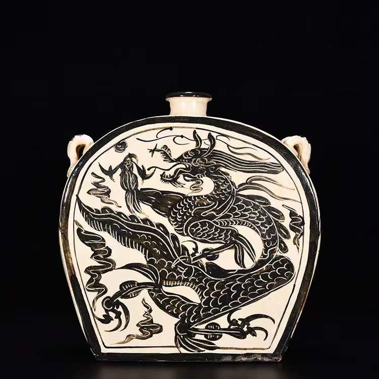 宋時代 磁州窯 剔花龍鳳紋四系扁瓶 唐物 中国美術 工芸品 高さ32cm 直径31cm 【HB776】拍卖