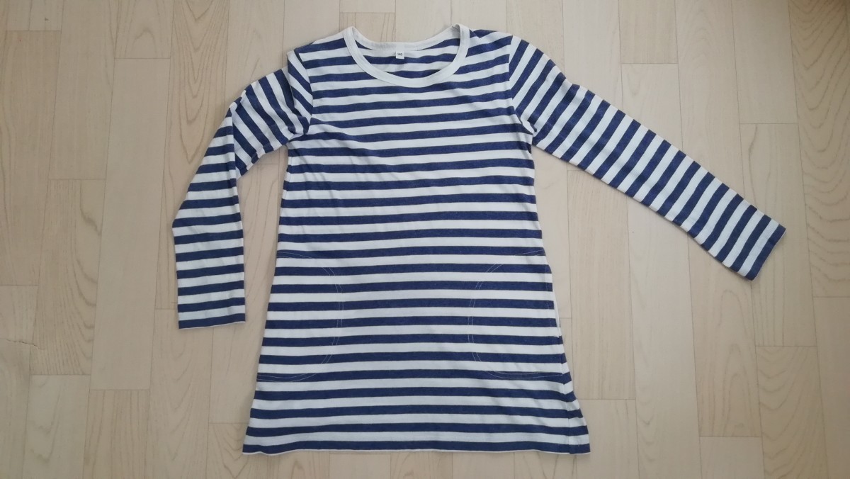 140 無印良品 長袖 チュニック ワンピース シャツ ストライプ ボーダー しましま 青 白拍卖