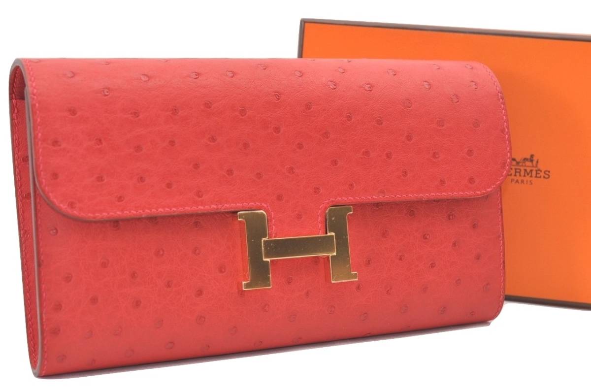 N082 新品 正規 HERMES 財布 ウォレット オーストリッチ コンスタンスロング レッド拍卖