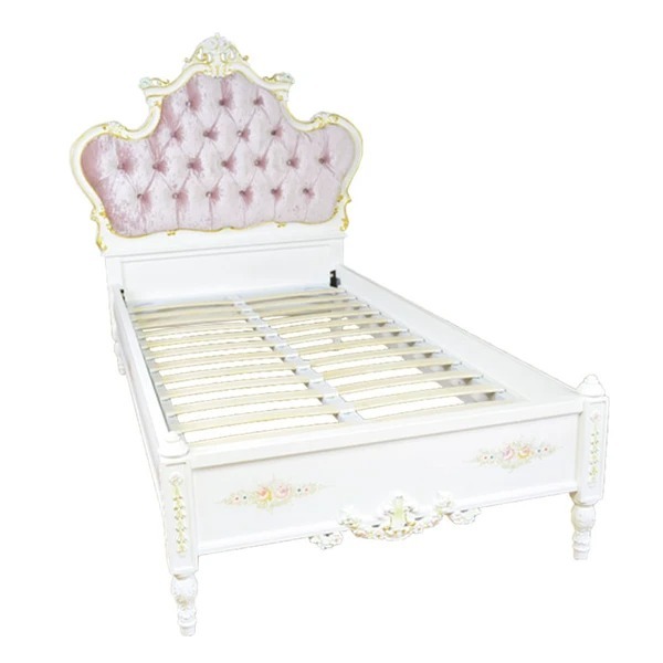 特価! 定価68万 アンティーク調 ロココ調 ピンク ホワイトウッド ゴールドライン ピンクローズ薔薇 シングルベッド 拍卖